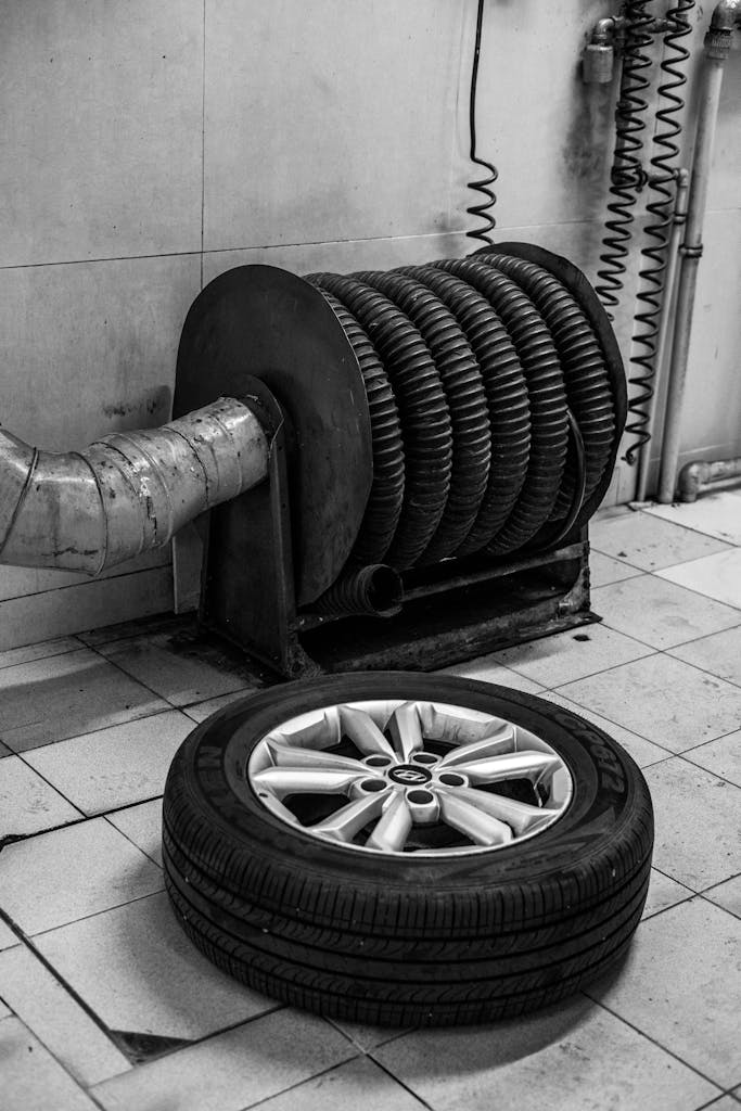 Grayscale Photo of a Car Tire